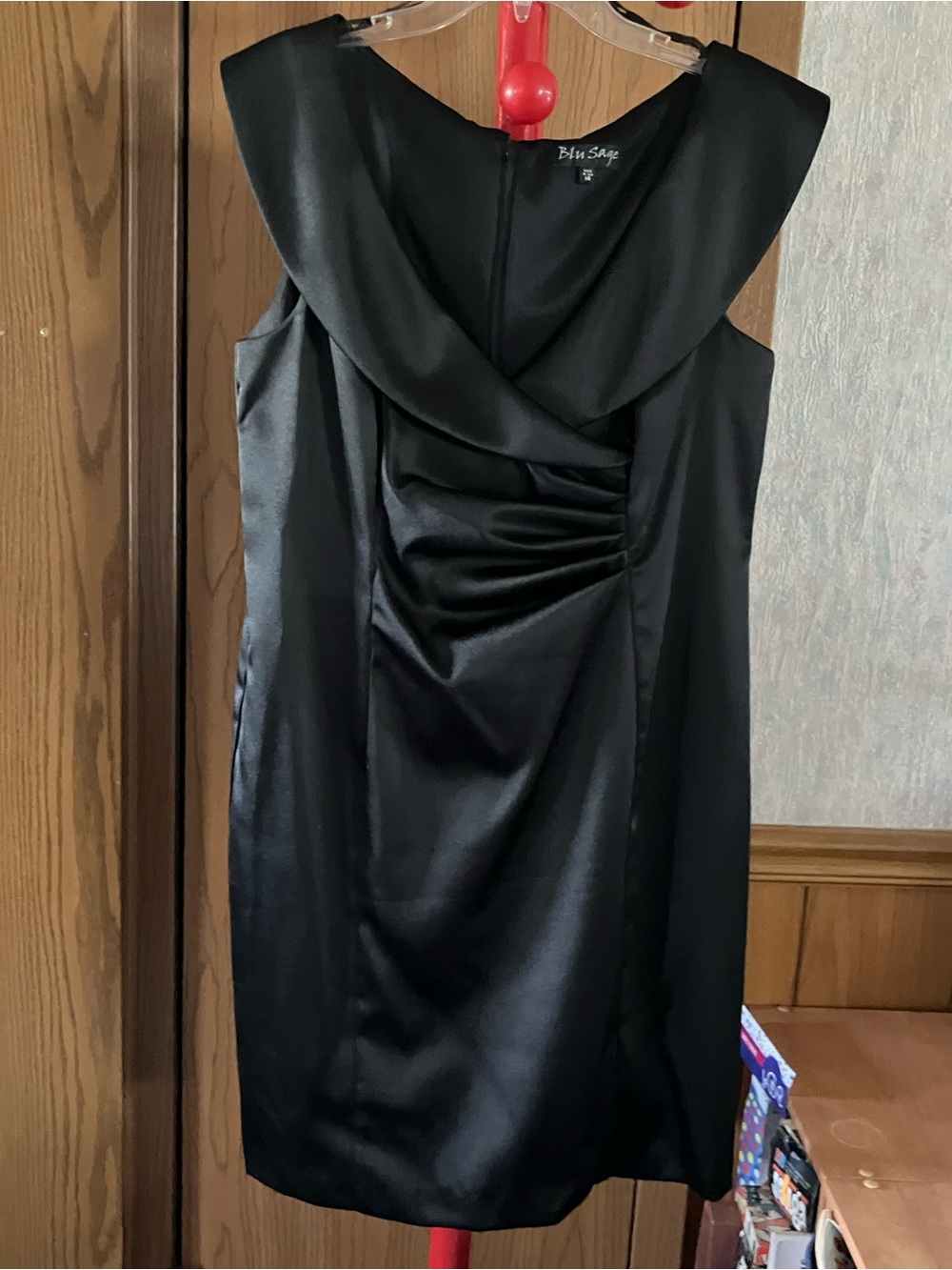 Blu Sage Black Satin Mini Dress with Draped Cowl